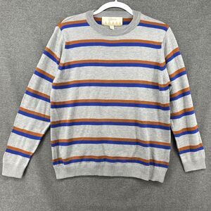 Bestow Sweater Men's Size Large Grey Orange Blue Striped Crew Neck Long Sleeve